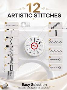 SMEGGEMS Sewing Machine With 12 Built-In Stitches, Portable Household Tabletop Design, Multi-Function Stitch Selection, Adjustable Stitch Length And Automatic Bobbin Winding - White - View 3