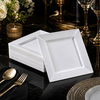 50/25/10 Paquet Assiettes Carrées Blanches 10,25 & 7,5 Pouces, Plateaux de Service Modernes pour Repas Familiaux Quotidiens & Fêtes de Vacances, Vaisselle de Cuisine Essentielle pour Hôtesse à Domicile, Fournitures de Noël, Thanksgiving, Halloween