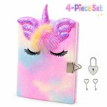 Cute Rainbow Unicorn Faux Fur Diary, Locked Notebook, Fluffy Kawaii Style Notebook With Shiny Sequin Unicorn Horn And Wings, Stud, First Day Of School - Multicolor - View 2