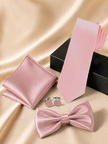 1SET Solid Color Versatile Tie, Bow Tie, Pocket Square, Cufflinks Combination Set, Hand-Tied Adjustable Bow Tie, Handkerchief, Cufflinks Set - Dusty Pink - View 1