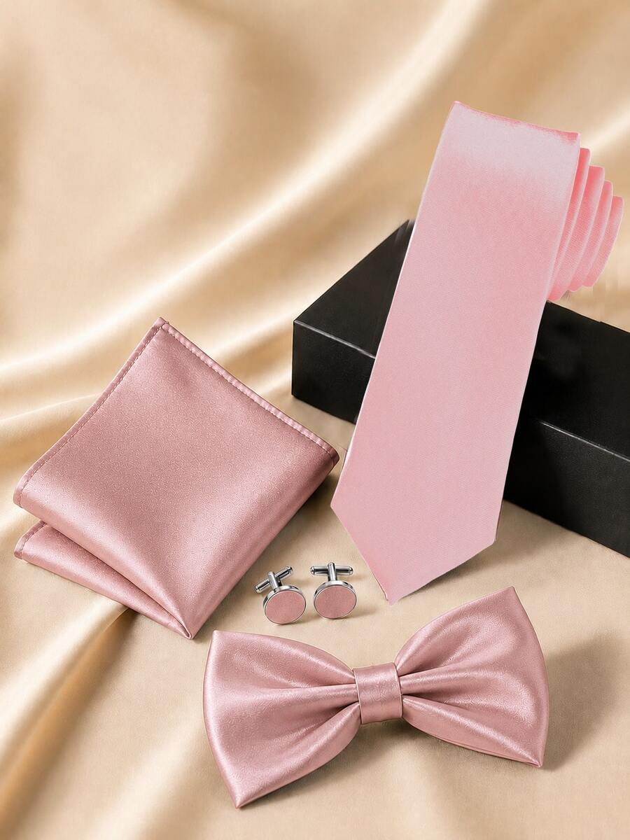 1SET Solid Color Versatile Tie, Bow Tie, Pocket Square, Cufflinks Combination Set, Hand-Tied Adjustable Bow Tie, Handkerchief, Cufflinks Set - Dusty Pink - View 1