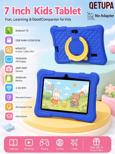 Qetupa 7 吋兒童平板電腦 Android 13 四核 1.3GHz、4GB RAM+64GB ROM、1024*600 IPS 觸控螢幕、3500mAh 電池、2MP+5MP 雙鏡頭、2.4G WiFi、家長控制、內建教育遊戲、防震矽膠保護殼，適合幼兒（不含適配器）