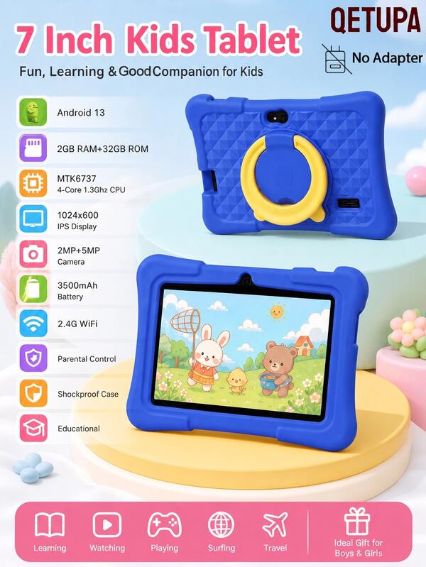 Qetupa 7 Inch Kids Tablet Android 13 Quad-Core 1.3GHz,4GB RAM+64GB ROM,1024*600 IPS Touch Screen,3500mAh Battery,2MP+5MP Dual Camera,2.4G WiFi,Parental Control,Preloaded Educational Games,Shockproof Silicone Case For Toddlers(No Adapter)