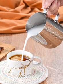 1pc Stainless Steel Espresso Pitcher With Measurement Markings - Barista-Grade Milk Frothing Pitcher For Latte Art, Cappuccinos , Durable Commercial-Grade Coffee Accessory For Home & Professional Use, Modern Coffee Accessory , Coffee Bar Accessories - Silver - View 7