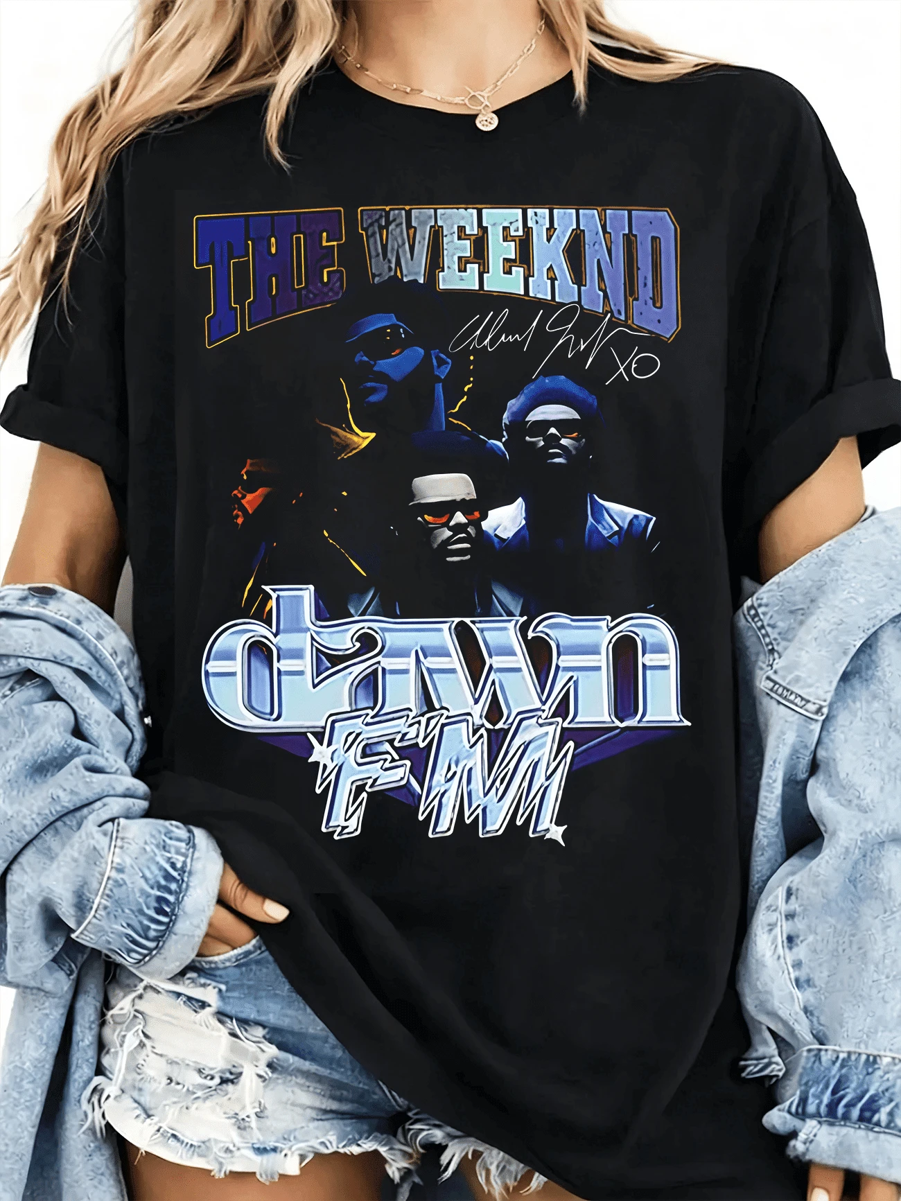 The Weekndd Dawn FM Vintage Tee, Gradient Arch Portrait Signature Print Black Cotton Oversized Unisex R&B Singer Fan Shirt - Black - View 1