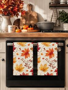 2pcs/4pcs Watercolor Maple Leaf & Red Berry Kitchen Towels, Autumn Gradient Maple Leaf Berry Branch Print, Harvest Thanksgiving Pastoral Hand Towels, Kitchen Baking Decorative Towels - Multicolor - View 2