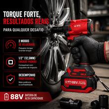 Chave de Impacto Sem Fio Motor DC Sem Escova 500W Torque Máximo 400N.m 2 Velocidades 2 Baterias Visor de Carga Maleta Completa Para Mecânica Veicular e Obras - Vermelho - Visão 6