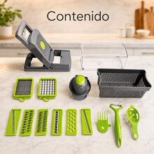 HuaTang Cortador de Verduras 12 en 1, Picador de Verduras con 8 Cuchillas de Acero Inoxidable, Cesta Coladora para Frutas y Verduras, Cortador de Mandolina para Cocina, Uso del Hogar y Profesional - Verde - Ver 2