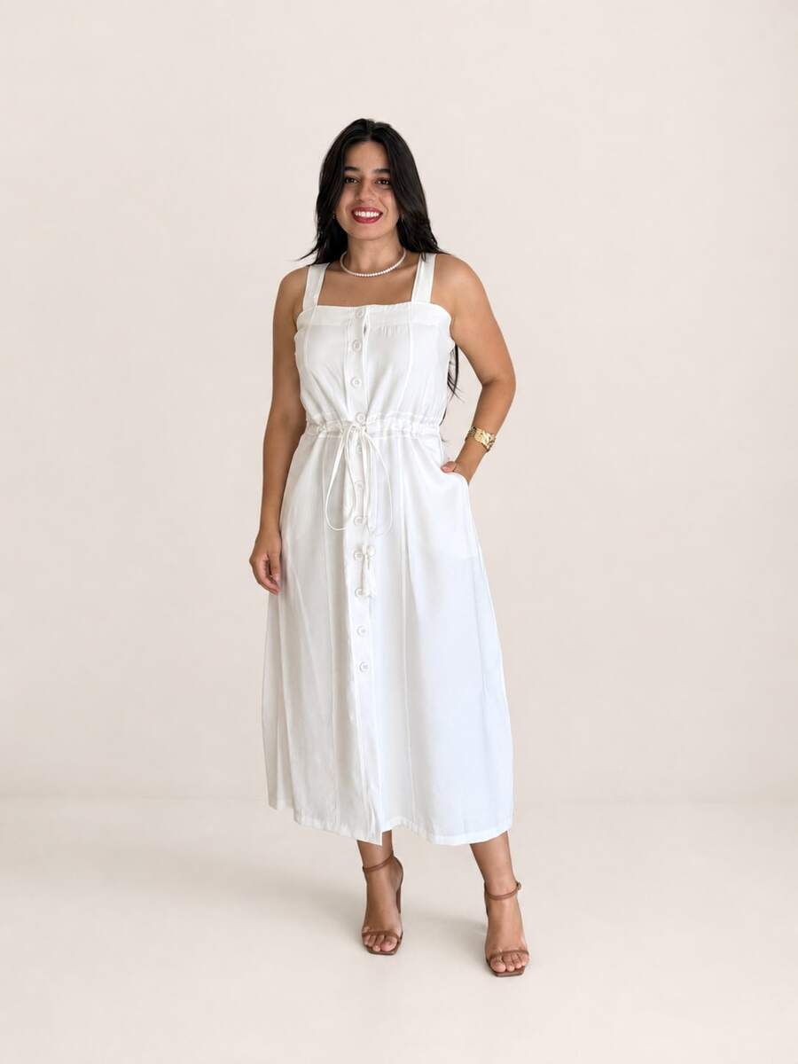Vestido Midi Plus Size Feminino Lyocell com Botões Frontais, Amarração na Cintura e Bolsos Laterais - Branco - Visão 1