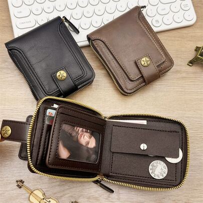 1Pc Simple And Portable PU Men's Short Wallet With A High-End Feel, Retro Zipper Bag, Change Storage Card Bag