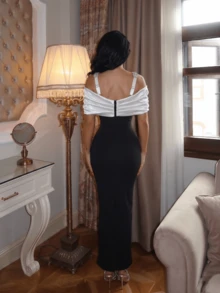 Off-Shoulder Rhinestone Embellished Black Knit Fabric Fitted Formal Party Maxi Dress Wedding Fall - Black and White - View 3