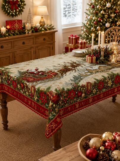 Classic Christmas Party Tablecloth, Poinsettia Flower Santa Claus Gift Decoration Table Cover, Suitable For Christmas Parties, Winter Festivals, Family Banquets, Kitchen And Restaurant Home Decoration