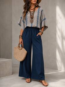 Women's 2-Piece SetDaily Casual Minimalist T-Shirt & Striped Wide-Leg Pants ; Vacation Outfits Women;Summer Clothes For Women;Fall Clothes For Women - 灰色 - 查看 4
