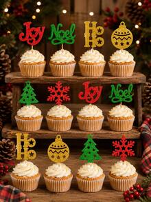 24PCS Gold Glitter Xmas Cake Toppers, Christmas Cupcake Picks In 6 Festive Designs, Holiday Party Dessert & Baking Decorations - Style a - View 5