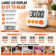 Large LCD Display Digital Kitchen Timer, Magnetic Countdown Timer With Loud, Low & Silent Alarm Modes,Count Up & Countdown,Strong Magnet,Foldable Stand,Hole For Cooking - White - View 7