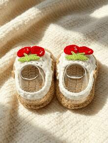 1 Pair Handmade Crochet Infant Sandals With Cherry Applique, White And Tan, Infant Summer Shoes - White - View 6