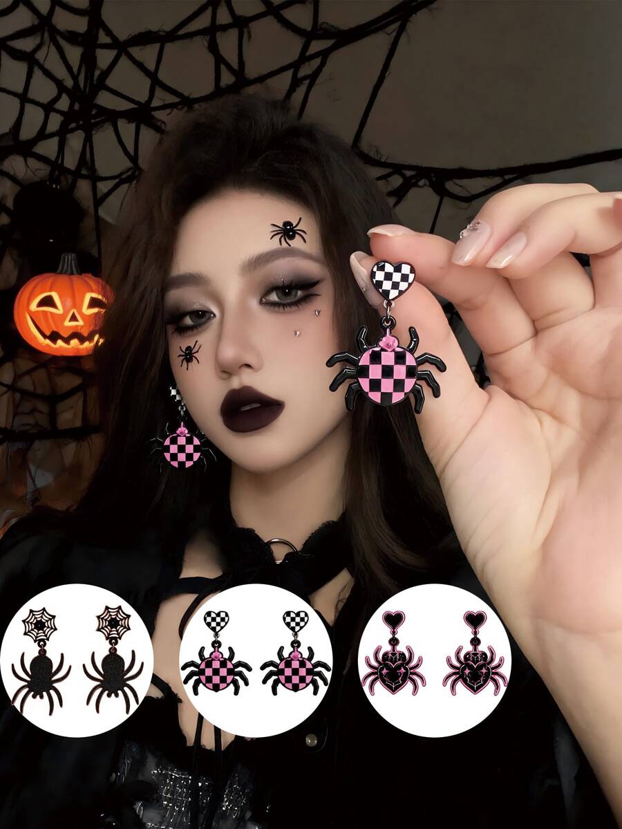 A Pair Of Halloween Heart-Shaped Spider Earrings, Gothic Bridal Accessories, Halloween Jewelry, Suitable For Halloween, Parties, And Holiday Gifts. - Multicolor - View 1