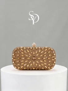 1pc Gold Full Rhinestone Hard Shell Evening Clutch, Horse Eye Rhinestone Radial Pattern, Spherical Rhinestone Bead Lock, Heavy-Duty Rhinestone Craft, With Detachable Chain, Suitable For Wedding, Banquet, Party, Dress Matching - Gold - View 1
