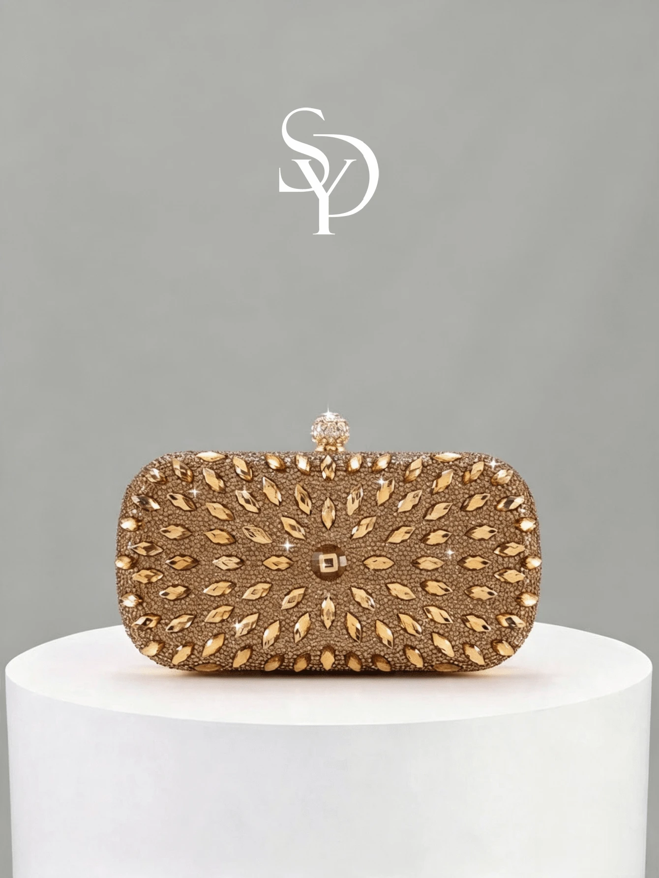 1pc Gold Full Rhinestone Hard Shell Evening Clutch, Horse Eye Rhinestone Radial Pattern, Spherical Rhinestone Bead Lock, Heavy-Duty Rhinestone Craft, With Detachable Chain, Suitable For Wedding, Banquet, Party, Dress Matching - Gold - View 1