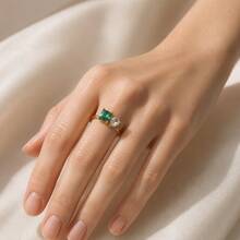 1pc Elegant Alloy Gold 5A Zirconia Green Square White Round Stone Ring, Unisex Anniversary Jewelry (Ring Box Not Included) - Gold - View 5