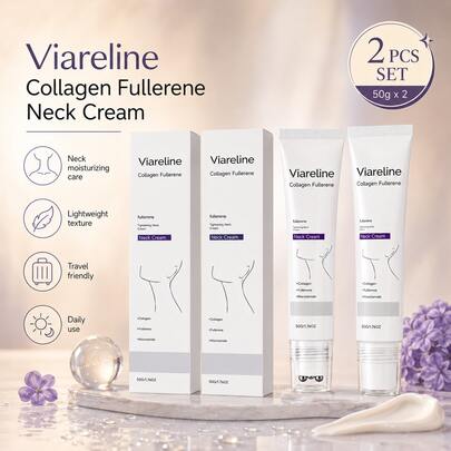 Viareline 2pcs Collagen Fullerene Neck Cream, 50g/1.76oz, Hydrating Neck Moisturizer With Glycerin & Mineral Oil, Rollerball Daily Care For Dry Rough Neck Skin, Smooth & Soft Skin Feel
