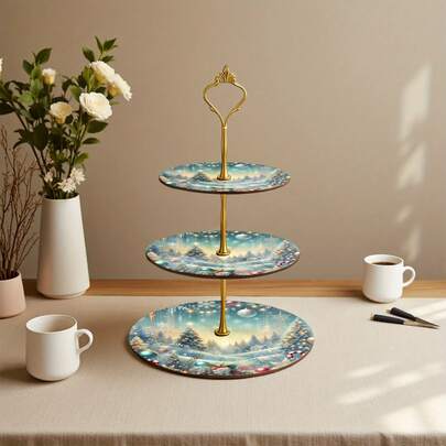 Cake Stand 2D Flat Merry Christmas Gift Pattern 3-Tier Cake Stand - Wooden Multi-Layer Fruit Tray Storage Rack - Suitable For Birthday, Wedding, Party, Graduation Ceremony - Non-Food Contact, Event Decoration, Dessert Display,