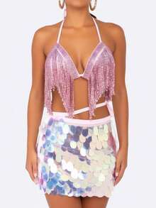 Sequin Fringe Halter Bra Large Sequin Tie Hip Skirt Latin Dance Stage Party Outfit (Multiple Colors Available) - Multicolor - View 12