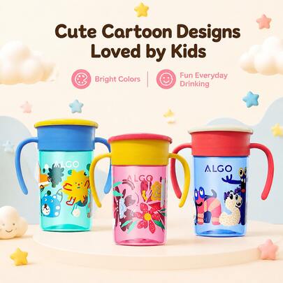 1 buah Gelas Minum Bayi Motif Bunga 330ml, Anti Bocor 360°, Corong Silikon Lembut dengan Pegangan untuk Balita Usia 6-18 Bulan