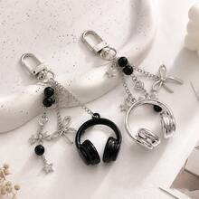 1pc Alloy Headphone Shaped Keychain, Bowknot Black Bead Star Pendant, Halloween Thanksgiving Christmas Holiday Gift - Multicolor - View 7