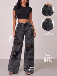 Y2K Rave Vintage High Waist Side Pocket Slit Straight Leg Jeans Casual Black Spring Fall - Black - View 9