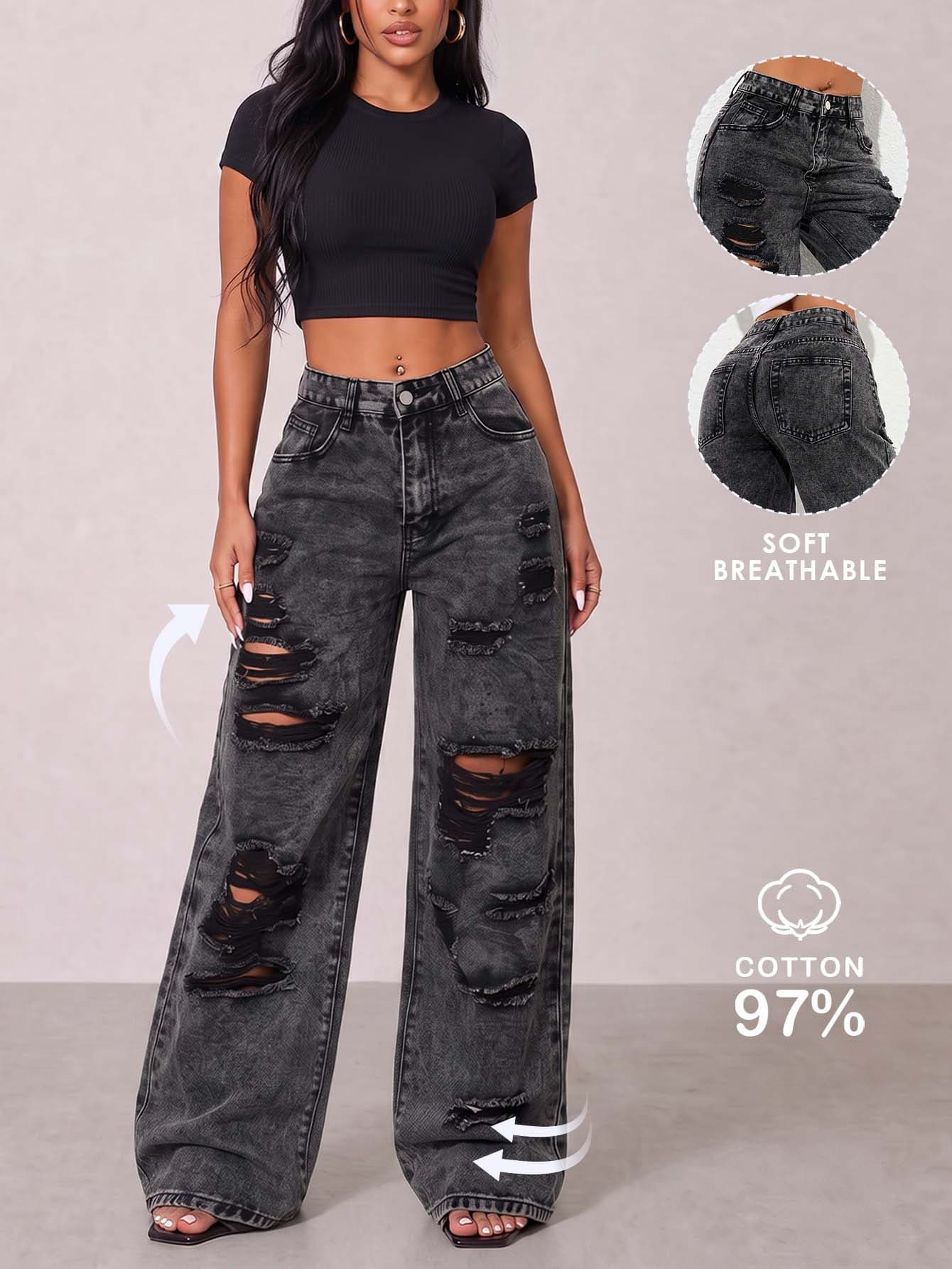Y2K Rave Vintage High Waist Side Pocket Slit Straight Leg Jeans Casual Black Spring Fall