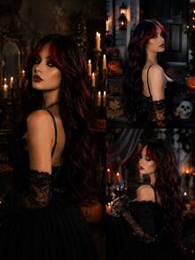 Black With Burgundy Front Highlights Wavy Synthetic Wig, Gothic Halloween Cosplay Heat Resistant Hair Wig For Women Daily Wear - Red Highlight - View 4