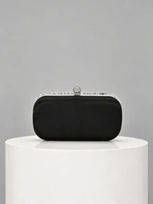 1pc Black Heavy Beaded Evening Clutch Bag, Silver White Pearl Rhinestone Woven Pattern, Spherical Full Rhinestone Lock, Hard Shell Box Shape, Detachable Chain, Party Wedding Evening Dress Matching Clutch - Black - View 7
