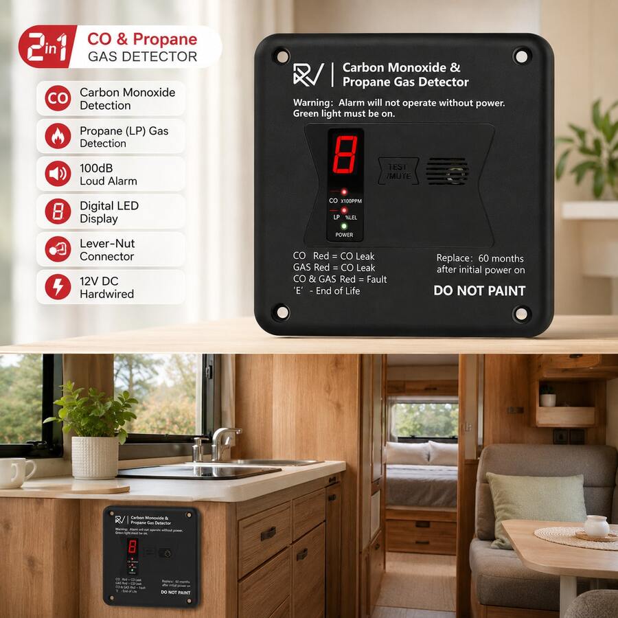 2-In-1 RV Carbon Monoxide & Propane Gas Detector, 12V DC Flush Mount CO/LP Gas Alarm With LED Display, 100dB Audible Alert & Lever-Nut Connector For Motorhome, Travel Trailer, Camper, Black - Black - View 1