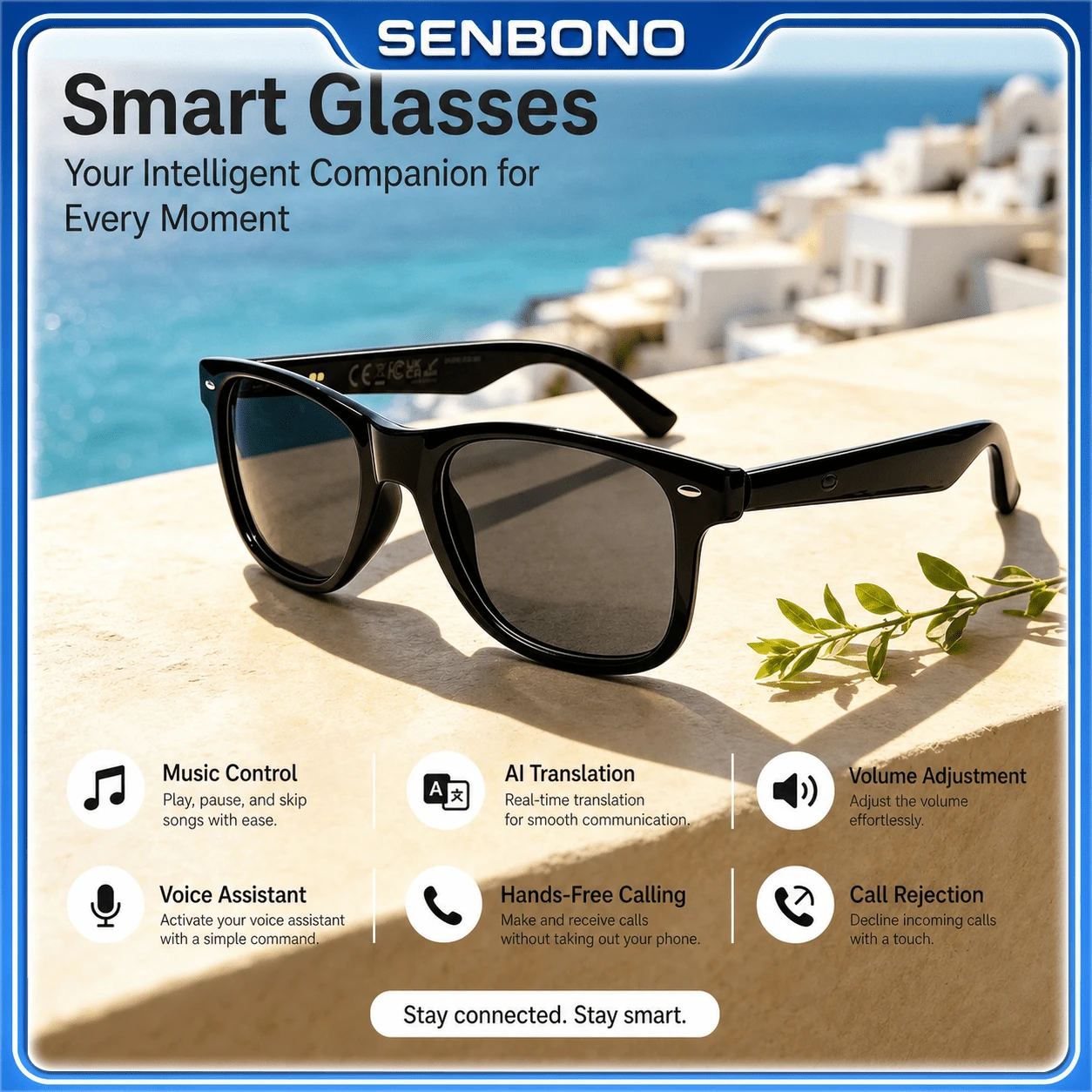 SENBONO 新款 AI 翻譯智能音訊眼鏡-霍爾感應一鍵啟動、撥打與接聽電話、時尚裝飾風格、耳機與眼鏡翻譯功能結合、生日禮物 - 查看 1
