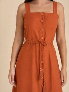 Vestido Midi Plus Size Feminino Lyocell com Botões Frontais, Amarração na Cintura e Bolsos Laterais - terracota - Visão 7