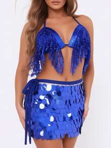 Sequin Fringe Halter Bra Large Sequin Tie Hip Skirt Latin Dance Stage Party Outfit (Multiple Colors Available) - Multicolor - View 1