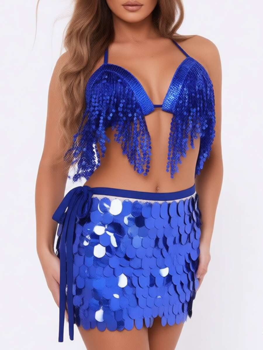 Sequin Fringe Halter Bra Large Sequin Tie Hip Skirt Latin Dance Stage Party Outfit (Multiple Colors Available) - Multicolor - View 1