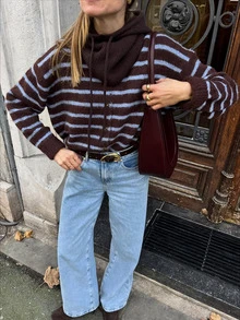 Women's Striped Knit Loose Cardigan Sweater & Drawstring Hat 2pcs Set, Layering Style, Autumn/Winter - Brown - View 1