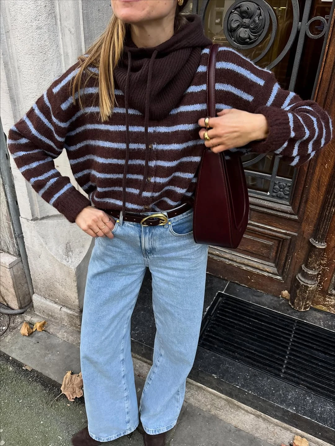 Women's Striped Knit Loose Cardigan Sweater & Drawstring Hat 2pcs Set, Layering Style, Autumn/Winter - Brown - View 1