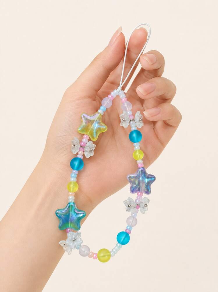 Iridescent Five-Pointed Star Flower Beaded Phone Lanyard, Macaron Fresh Color Palette, Short Wrist Strap Anti-Slip Anti-Loss, Energetic Girl Ins Style, Summer Carnival Niche Cute Phone Case Decoration Accessory, Anti-Loss Phone Chain, Phone Lanyard, CCD Charm, Bag Charm - Color - View 2