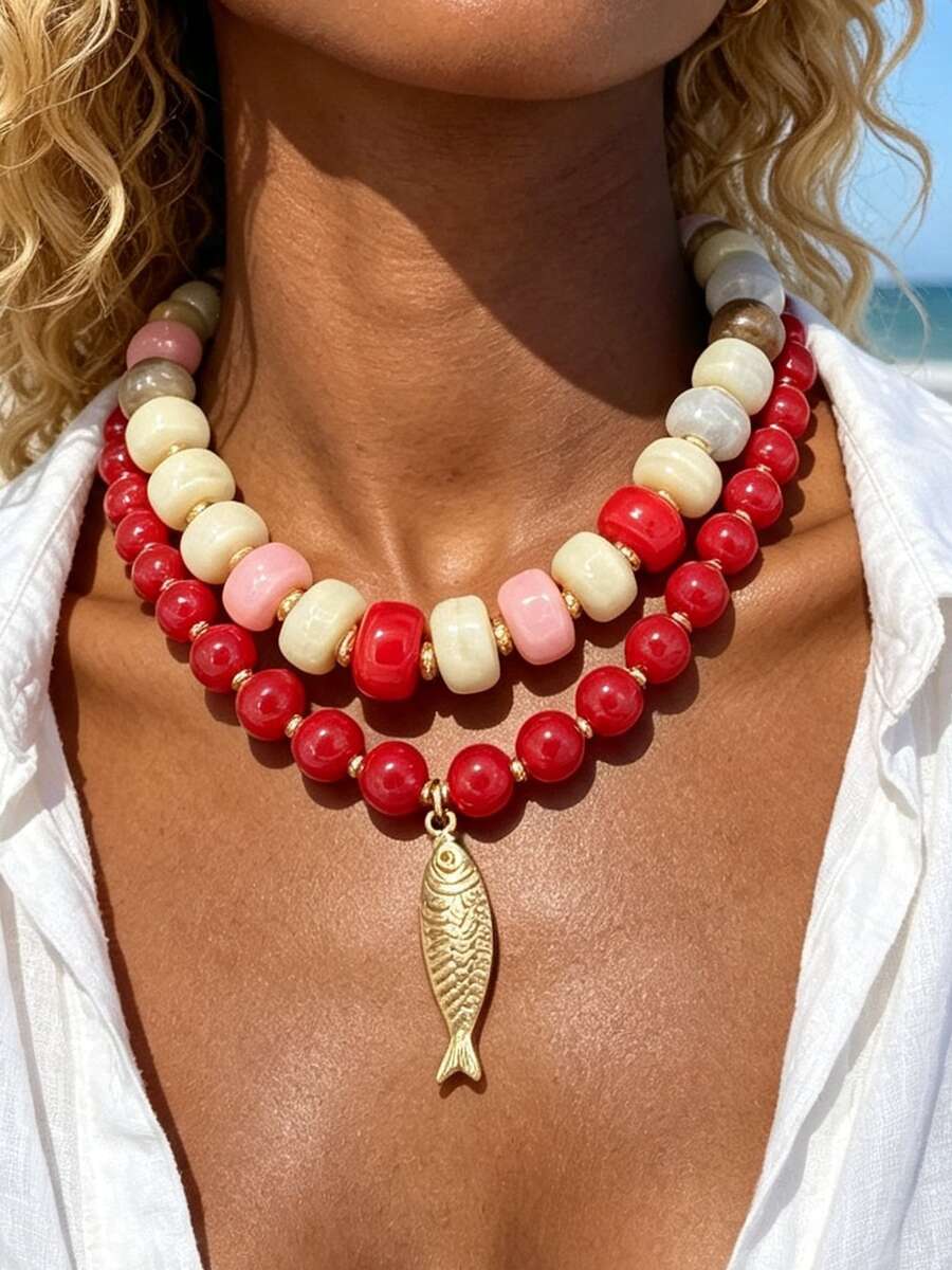 1/2pcs Casual Vintage Fashion Acrylic Colorful Beaded Necklace Set With Small Fish Pendant, Collarbone Necklace For Women, Daily Wear, Date, Bohemian Style, Party, Beach, Vacation, Perfect Birthday, Best Friend, Halloween, Christmas Gift (Slight Color Difference Under Different Lighting) - Multicolor - View 1