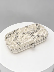 1pc Apricot Handmade Beaded Evening Clutch, Pearl & Rhinestone With Embroidered Floral Pattern, Ball-Shaped Rhinestone Clasp Design, Detachable Chain, Wedding Party Gala Dress Accessory Clutch Bag - Apricot - View 6