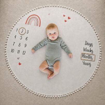 Newborn Photography Props, 100cm Rainbow Baby Monthly Milestone Round Blanket With Pom Pom Trim & 2 Wooden Frames, For 1-12 Months