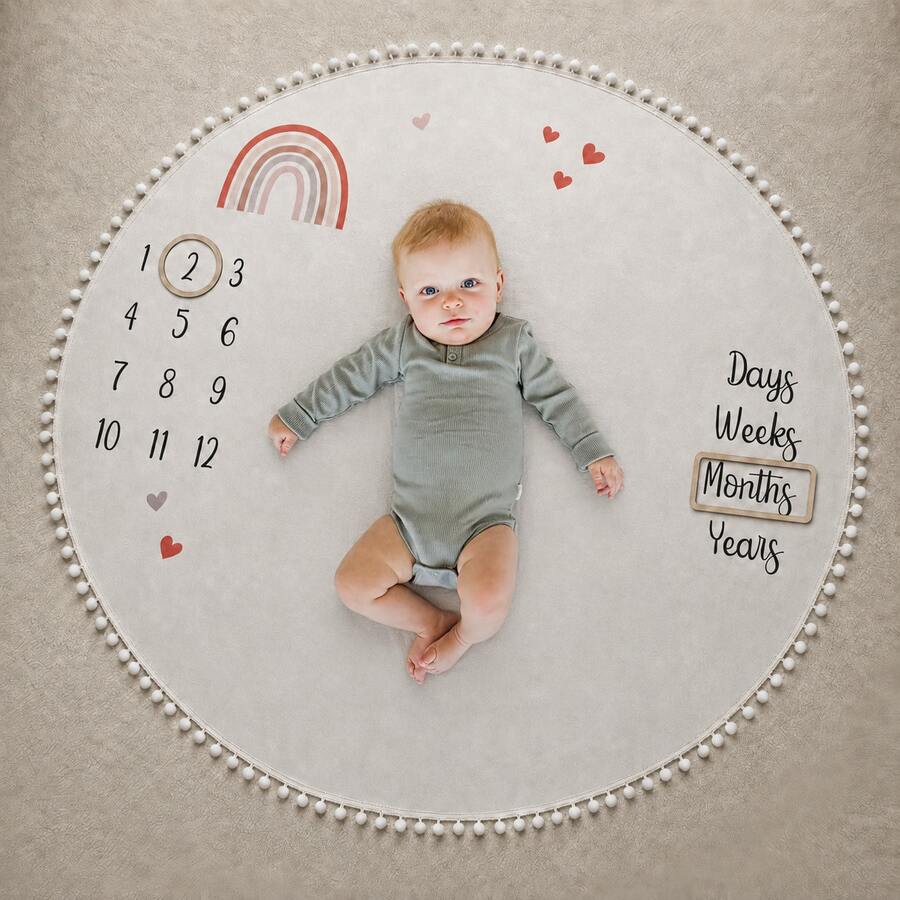 Newborn Photography Props 100cm Rainbow Baby Milestone Round Blanket With Pom Pom Trim And 2 Wooden Photo Frames, Suitable For 1-12 Months