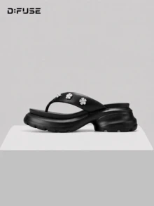 D:FUSE Women's Crystal Floral Decor Thin Strap Open Toe Slip-On Platform Sandals, Sweet Style, Comfortable For Summer Daily Beach Vacation Wedding, Black Genuine Leather - Black - View 10