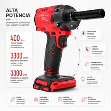 Chave de Impacto Sem Fio Motor DC Sem Escova 500W Torque Máximo 400N.m 2 Velocidades 2 Baterias Visor de Carga Maleta Completa Para Mecânica Veicular e Obras - Vermelho - Visão 3