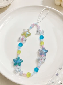 幻彩五角星花朵串珠手機掛繩，馬卡龍清新配色，短款防滑防丟手腕帶，活力少女Ins風，夏季嘉年華小眾可愛手機殼裝飾配件，防丟手機鍊，手機掛繩，CCD吊飾，包包吊飾 - 彩色 - 查看 4
