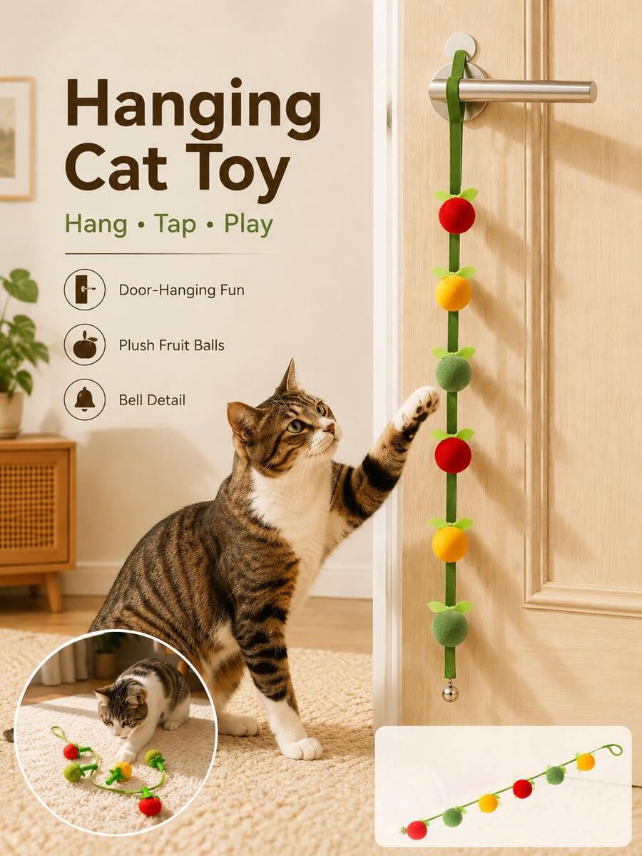 Cute Fruity Style,Long Hanging Strip Shape, Multicolor Fruit Pom-Pom With Built-In Bell, Hanging & Ground Interactive Entertainment, Daily Indoor Play For Kitten Adult Cats, Living Room Bedroom Cat Corner, All Year Round Pet Entertainment