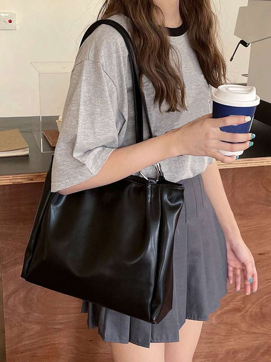 女款優雅時尚極簡復古托特包，大容量單肩手提包，通勤秋冬百搭PU大包
